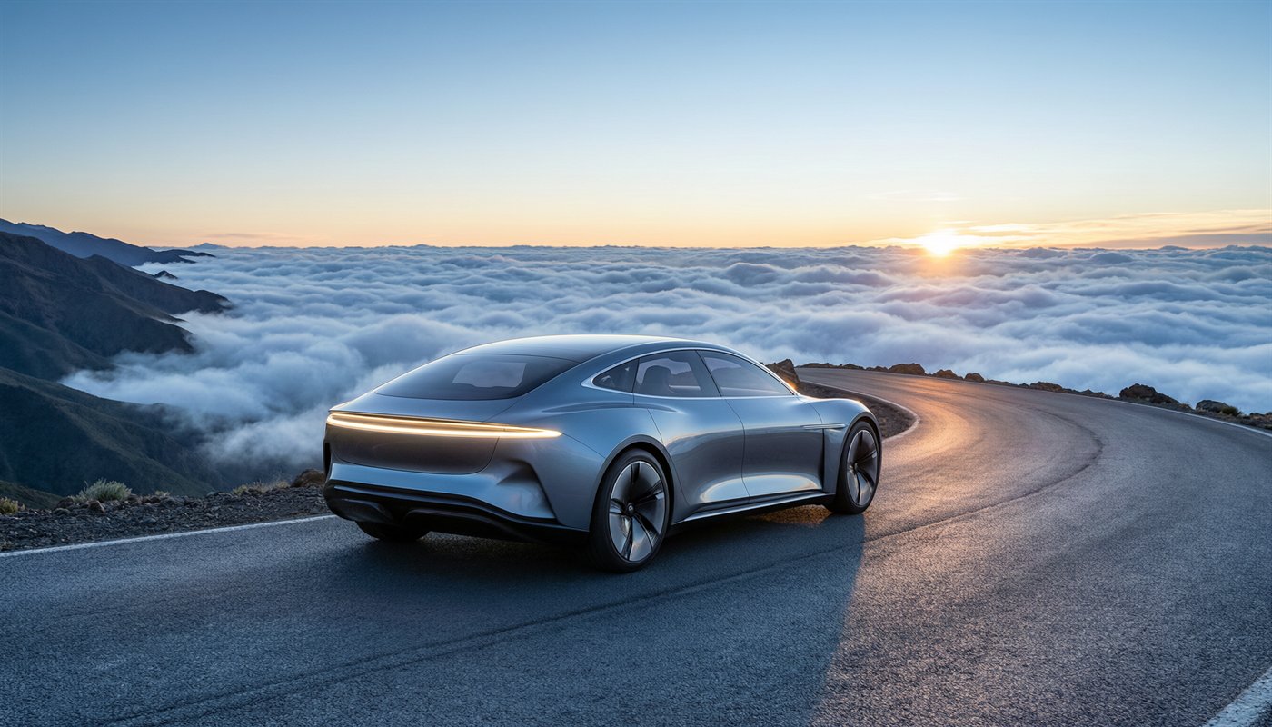 Electric vehicle on a mountain road generated with Qwen Image
